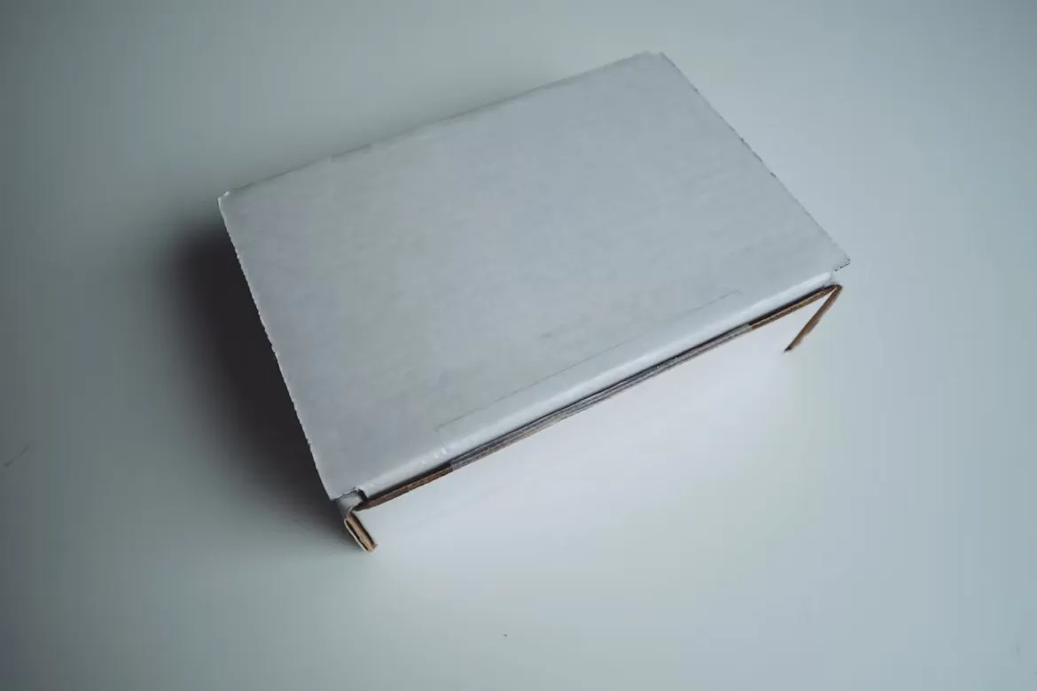 A closed, unlabelled white cardboard parcel rests on a pale surface.