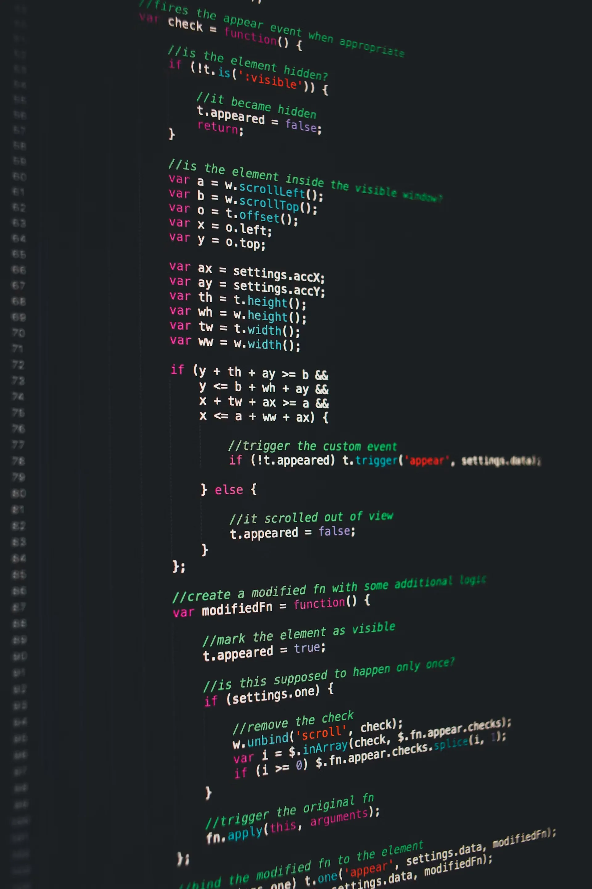 A photographed screen showing JavaScript event-handling code.